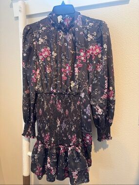 cinq a sept Black Floral Ruffled Mini Dress with Pink Accents